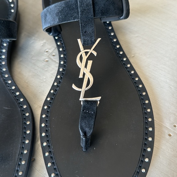 YSL Saint Laurent ysl black suede logo thong sandal flats silver sz 39 with box - Picture 3 of 9